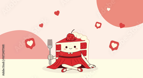 Adorably Decorated Cake Piece Resting With Fork In Hand And Floating Hearts Abound