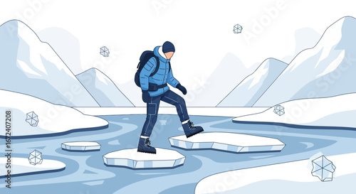 Adventurer Crossing Icy Terrain Amidst Snowy Mountains And Harsh Weather Conditions