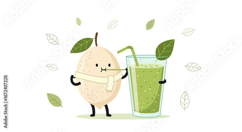 Animated Citrus Fruit Character Presenting Green Smoothie, Healthy Lifestyle Focused Concept