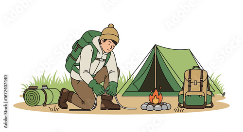 Adventurer Is Ready to Explore the Forest, Setting Up Campsite, Hiking Outdoors Adventure