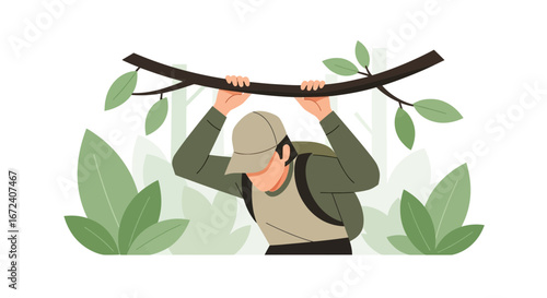 Adventurer Navigating Jungle Passage While Hanging From Branch, Expedition Begins Now