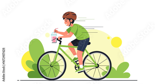 Animated Cyclist Enjoys Refreshment While Riding A Bicycle Through A Colorful Natural Setting