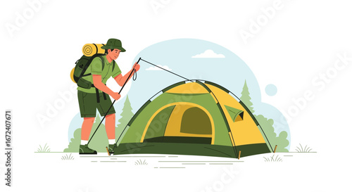 Adventurer Setting Up Tent for Adventure Under the Blue Sky and Greenery Outdoors