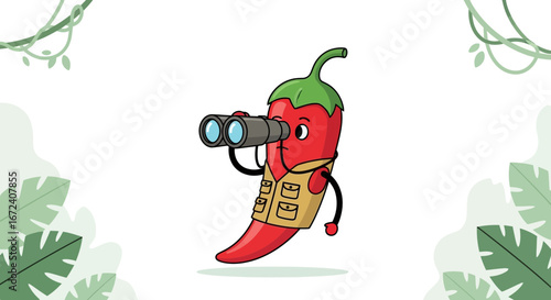 Adventures of Spicy Explorer: A Cartoon Chili Pepper Looking Through Binoculars
