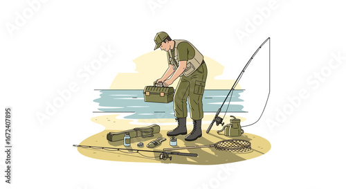 Adventurous Angler Preparing Gear Beside Serene Waters for Rewarding Fishing Experience