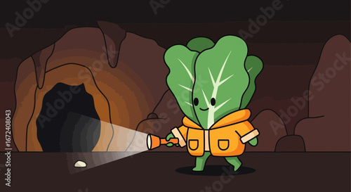 Adventurous Cabbage Character Explores Cave System Holding Flashlight in Search of Discovery