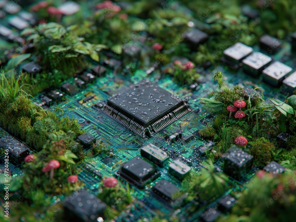 Obraz premium Digital burnout visualization as overheating circuit board garden 