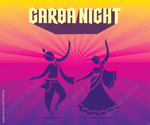 creative Navratri Graba Night poster design, Indian couple playing Garba.