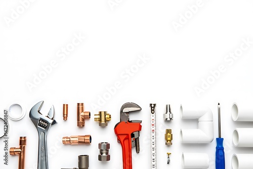 Wallpaper Mural Collection of plumbing tools and fittings laid out on a white background Torontodigital.ca