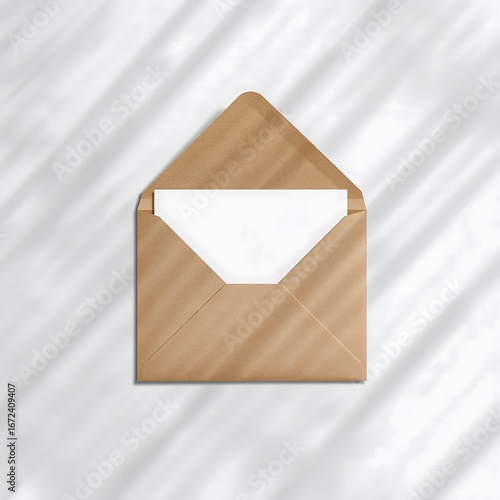 Open kraft envelope with blank invitation card and soft shadows mockup