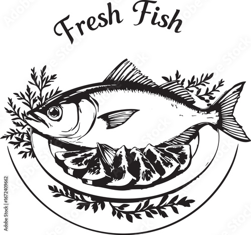 Freshly caught fish on a platter with herbs and lemon slices

