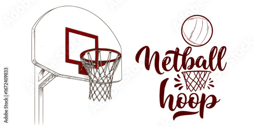 Netball hoop with basketball and artistic lettering design  - vector mini-set  