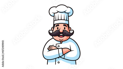 The Smiling Chef: A cheerful cartoon depiction of a seasoned chef in traditional attire, epitomizing culinary expertise and passion.