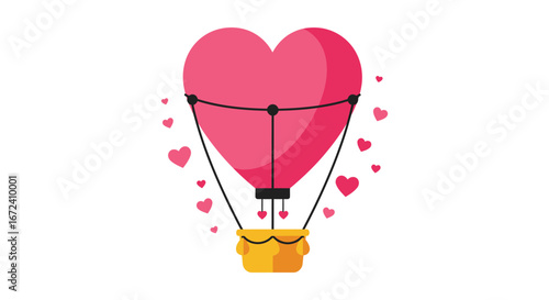 A heart shaped hot air balloon with pink hearts floating around it