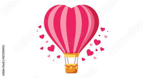 Heart shaped hot air balloon flying with hearts around it