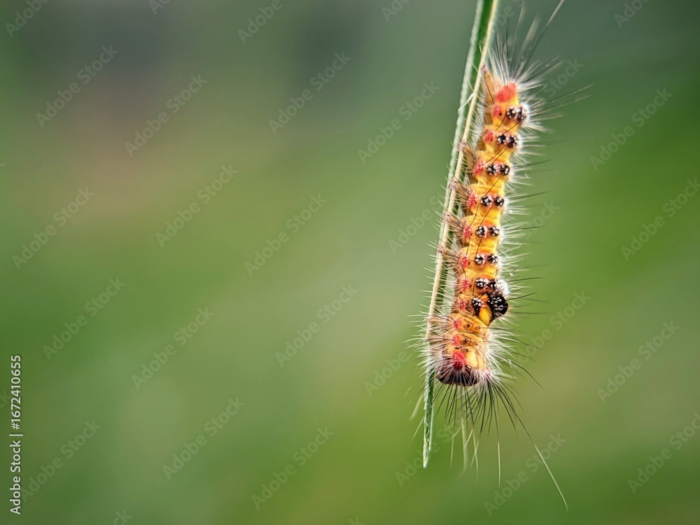 Naklejka premium Natural Biology: Hairy Caterpillars (Orgyia thyellina) in their Natural Habitat Searching for Food