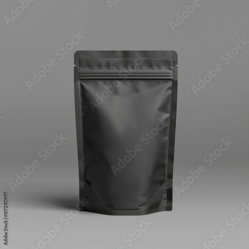 Matte black stand-up zipper pouch on neutral background mockup