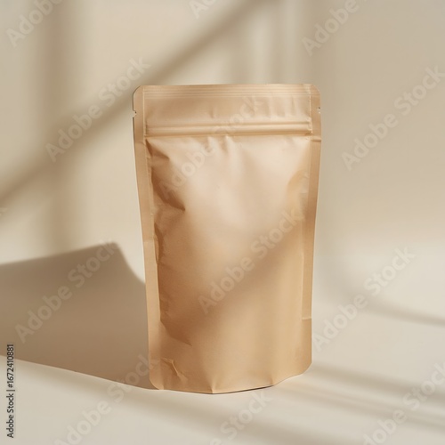 Beige stand-up zipper pouch on neutral background mock up