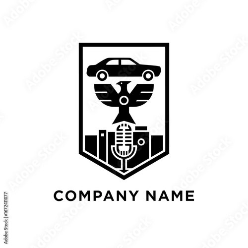 Unique logo design featuring a car, eagle, and microphone elements.