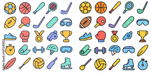 Colorful flat icons of sports equipment and gear