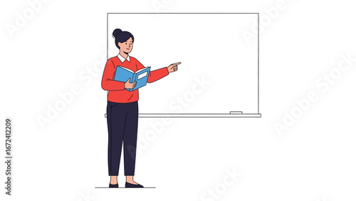 Teacher's Presentation: A dedicated teacher, standing before a blank canvas. With a book and her pointer she is set to deliver lesson and guide through the subject matter.