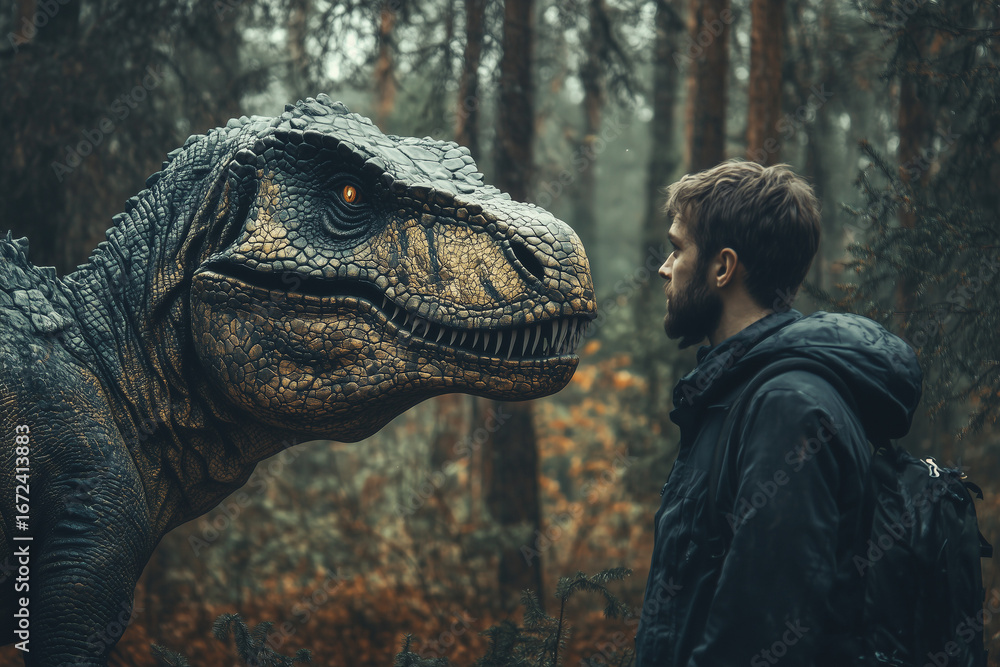 Naklejka premium A human and a dinosaur in the forest 