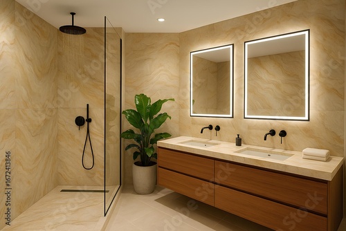 Contemporary spa-inspired bathroom with onyx walls, rainforest shower, and integrated LED mirrors