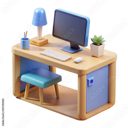 3d rendered wooden desk with computer monitor lamp and chair isolated on transparent background