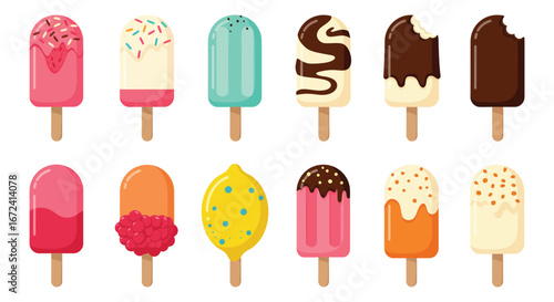 Colorful assortment of ice cream popsicles on a white background