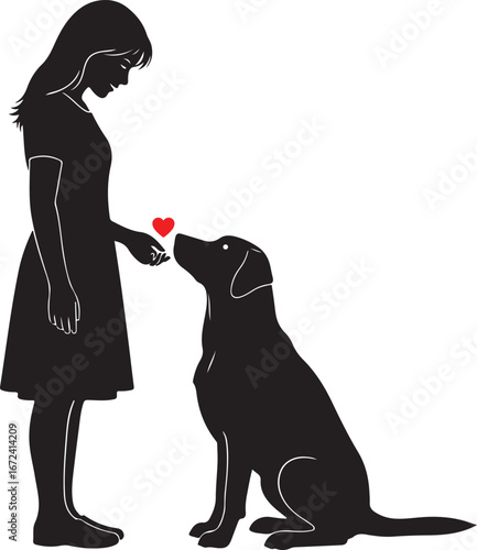 Silhouette of a girl feeding a dog a heart woman child