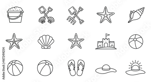 Beach icons and symbols for summer vacation and leisure activities