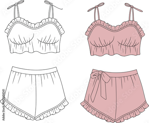 Trendy fashionable women’s lingerie sleepwear set illustration with ruffle crop top and shorts design, stylish feminine nightwear apparel vector