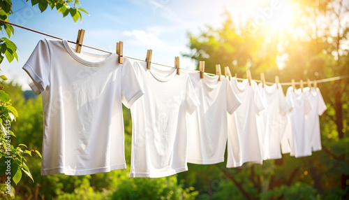 Fresh white t-shirts hanging on a cloths line. AI