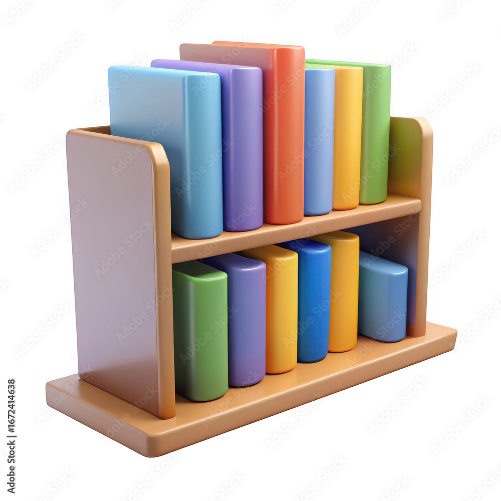 Fototapeta premium Wooden bookshelf filled with colorful books isolated on transparent background
