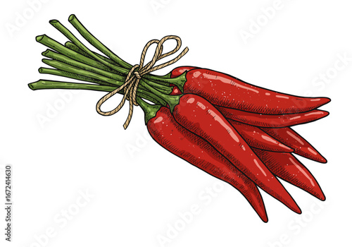 Bunch of Red Chili Peppers Tied with Twine.