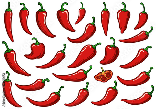 Cartoon Red Chili Peppers with Green Stems Various Shapes and Sizes.