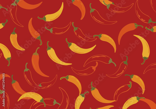 Vibrant Chili Pepper Pattern on Red Background.
