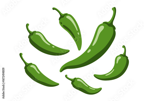 Group of Fresh Green Chili Peppers Illustration.