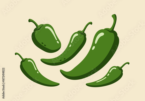 Cartoon Illustration of Fresh Green Jalapeno Peppers.