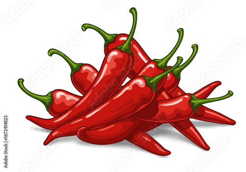 Pile of Shiny Red Chili Peppers with Green Stems.