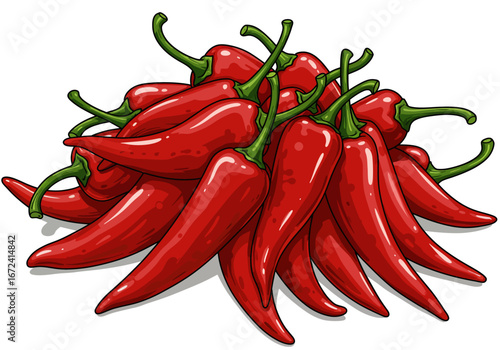 Pile of Vibrant Red Chili Peppers with Green Stems Illustration.