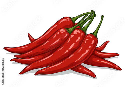 Pile of Red Chili Peppers with Green Stems Illustration.