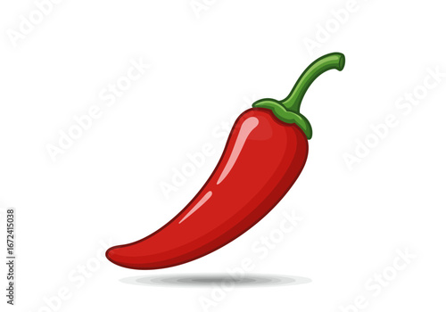 Cartoon Red Chili Pepper with Green Stem and Shadow.
