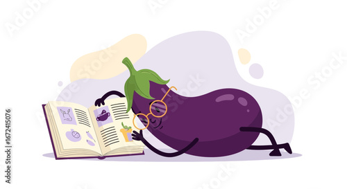 Animated Eggplant Reading A Recipe Book With Glasses And A Smiling Expression