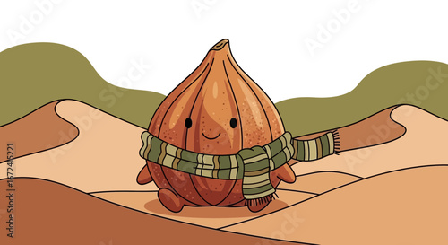 Animated Fig Character With Scarf in Arid Terrain Smiling and Enjoying The Environment