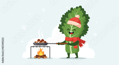 Animated Vegetable Chef Roasting Chestnuts Over Fire, Winter Season's Food Concept