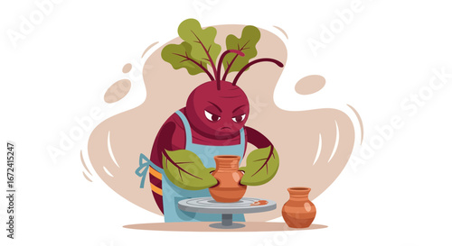 Animated Vegetable Crafts Artwork Depicting a Root Vegetable with Artistic Pottery