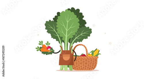 Animated Vegetable Harvest: Whimsical Illustration Of Vegetables In A Basket And Vegetables