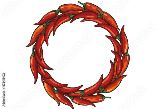 Red Chili Pepper Wreath with Green Stems Spicy Circle Design.