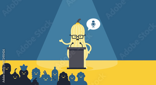 Animated Vegetable Speaker Delivering Speech To Silhouette Audience Under Spotlight Illustration